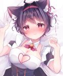  ahoge animal_ear_fluff animal_ears arms_up bed bell black_dress black_hair blush breasts cat_ears cat_girl cleavage_cutout detached_collar dress embarrassed eyebrows_visible_through_hair hair_ornament hairpin headband heart highres komugi_(2212) large_breasts lying on_back original pillow red_eyes red_ribbon ribbon shiny shiny_hair shiny_skin short_hair silver_hair skindentation 