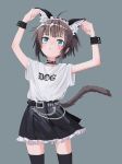  1girl absurdres ahoge animal_ears belt black_legwear black_skirt blue_eyes blush cat_ears cat_tail chain clothes_writing collar cowboy_shot eyebrows_visible_through_hair grey_background hands_up highres maid_headdress nadegata original parted_lips short_hair simple_background skirt solo spiked_collar spikes standing tail thighhighs wrist_cuffs 