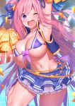  1girl akusema arm_up armpits bangs bikini bikini_top blue_ribbon blurry blurry_background blurry_foreground blush breasts cheerleader choker cleavage collarbone day eyebrows_visible_through_hair hair_between_eyes hair_ornament hair_ribbon hair_rings hand_up hatsune_(princess_connect!) highres holding holding_pom_poms large_breasts long_hair looking_at_viewer micro_bikini miniskirt navel one_eye_closed open_mouth outdoors palm_tree pink_hair pleated_skirt pom_poms princess_connect! princess_connect!_re:dive purple_eyes ribbon shiny shiny_hair shiny_skin skirt smile solo sparkle standing standing_on_one_leg star_(symbol) star_hair_ornament string_bikini sweat swimsuit thighs tree underboob water 