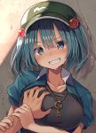  1boy 1girl bangs black_tank_top blue_eyes blue_hair blush breast_grab breasts collarbone collared_shirt commentary_request deep_skin eyebrows_visible_through_hair fang grabbing grin groping guided_breast_grab hair_between_eyes hair_bobbles hair_ornament hat highres kawashiro_nitori key large_breasts looking_at_viewer mamemochi medium_hair open_clothes open_shirt puffy_short_sleeves puffy_sleeves shirt short_sleeves sidelocks smile sweat tank_top touhou twintails two_side_up wing_collar 