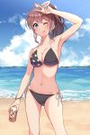  1girl a&amp;w aranami_shibuki bang_dream! beach bikini black_bikini blue_eyes blue_sky breasts brown_hair can cleavage cloud collarbone commentary_request cowboy_shot day hair_ribbon highres horizon looking_at_viewer medium_breasts ocean one_eye_closed outdoors ponytail ribbon root_beer side-tie_bikini sky solo standing star_(symbol) star_print swimsuit v white_ribbon yamabuki_saaya 