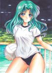  1girl aqua_hair ball bishoujo_senshi_sailor_moon black_buruma blue_eyes buruma closed_mouth cowboy_shot curly_hair floating_hair gym_uniform hair_intakes highres holding holding_ball long_hair looking_at_viewer marker_(medium) outdoors sailor_neptune shiny shiny_hair shirt short_sleeves smile solo standing tomoeri traditional_media volleyball white_shirt 