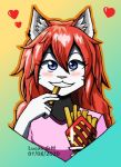  &lt;3 anthro arc_rose blue_eyes blush bust_portrait cone domestic_cat eating felid feline felis female food fries hair looking_at_viewer mammal portrait red_hair solo 