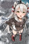  1girl aircraft airplane amatsukaze_(kantai_collection) black_choker blush brown_dress choker cloud destruction dress footprints from_above garter_straps giantess gloves hair_tubes hands_on_hips hat highres kantai_collection long_hair long_sleeves looking_at_viewer mini_hat open_mouth rakia_(ds00309) red_legwear sailor_collar sailor_dress silver_hair size_difference solo standing striped striped_legwear thighhighs twintails very_long_hair white_gloves windsock yellow_eyes 