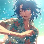  1boy aqua_eyes athrun_zala blue_hair clenched_hand close-up floating_hair gundam gundam_seed hawaiian_shirt highres male_focus motion_blur nito_minatsuki one_eye_closed running shirt smile solo upper_body 