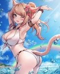  1girl ;d animal_ears armband armpits arms_up ass bare_shoulders bikini blue_eyes blue_sky bracelet breasts brown_hair bubble cat_ears cat_girl cat_tail cleavage cloud cowboy_shot day facial_mark final_fantasy final_fantasy_xiv flower front-tie_bikini front-tie_top hair_flower hair_ornament highres jewelry large_breasts long_hair looking_at_viewer looking_back miqo&#039;te one_eye_closed open_mouth outdoors ponytail rainbow shannon_(chiffonx) sky smile solo sunlight swimsuit tail twisted_torso water white_bikini 