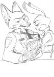  2016 anthro canid canine clothing disney duo fox fur hi_res holding_object iji inner_ear_fluff judy_hopps lagomorph leporid mammal monochrome necktie nick_wilde police_uniform rabbit red_fox shirt sketch topwear tuft uniform zootopia 