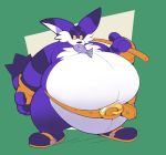  2020 anthro belly belt big_belly big_the_cat boot_(artist) domestic_cat felid feline felis fish fur green_background hi_res hyper hyper_belly male mammal marine overweight overweight_male purple_body purple_fur sandles simple_background solo sonic_the_hedgehog_(series) white_belly yellow_sclera 