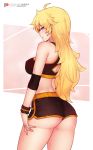  1girl ahoge alternate_costume arm_at_side artist_name ass back back_cutout bangs bare_shoulders black_shorts blonde_hair bluefield breasts commentary crop_top eyebrows_visible_through_hair from_behind highres large_breasts long_hair looking_at_viewer looking_back midriff patreon_logo patreon_username purple_eyes rwby short_shorts shorts smile solo sports_bra sweat thighs watermark web_address wristband yang_xiao_long 