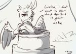  avian beak black_and_white cake english_text feathered_wings feathers food friendship_is_magic gallus gallus_(mlp) gryphon hair hasbro hi_res kam looking_at_viewer male monochrome my_little_pony mythological_avian mythology solo text wings 