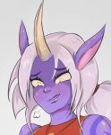 clothed clothing gynomorph_(lore) horn horned_humanoid huarbodraw humanoid humanoid_pointy_ears not_furry purple_body simple_background solo soraka yellow_eyes 