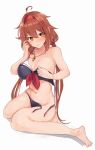  1girl adapted_costume ahoge barefoot bikini black_bikini brown_eyes commentary_request full_body hair_flaps hairband kantai_collection long_hair looking_at_viewer low_twintails miyako_(00727aomiyako) red_hairband shiratsuyu_(kantai_collection) short_hair simple_background sitting solo swimsuit twintails untied wariza whistle whistle_around_neck white_background 