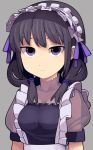  1girl alternate_costume apron bangs black_dress black_hair breasts closed_mouth commentary dress enmaided expressionless frilled_apron frills grey_background hair_tie hospital_king long_hair looking_at_viewer low_twintails maid maid_apron maid_dress maid_headdress purple_eyes see-through simple_background solo tamura_yuri twintails upper_body watashi_ga_motenai_no_wa_dou_kangaetemo_omaera_ga_warui! white_apron 