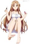  1girl absurdres aqua_inc. asuna_(sao) bare_arms bare_legs bare_shoulders barefoot brown_eyes brown_hair dress feet highres long_hair looking_at_viewer nail nail_polish nail_polish_bottle pajamas sword_art_online toes white_background white_dress white_pajamas 