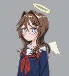 1girl angel_(nadegata) angel_wings blue_shirt blush brown_hair closed_mouth detached_wings feathered_wings glasses grey_background hair_intakes halo highres long_hair nadegata neckerchief original purple_eyes red_neckwear sailor_collar shirt simple_background smile solo upper_body white_sailor_collar white_wings wings 