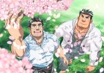  2boys bara beard belt black_hair bunta_ru cherry_blossoms chest chest_hair couple facial_hair forehead_scar highres male_focus master_3_(tokyo_houkago_summoners) mononobe_kyoma_(tokyo_houkago_summoners) multiple_boys muscle open_clothes pants pectorals shirt smile thick_eyebrows tokyo_houkago_summoners upper_body 