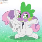  clothing costume dragon equid equine eyebrows friendship_is_magic fur green_body green_eyes hi_res horn horse jen_foxworth male mammal mane my_little_pony patreon pony pupils purple_body purple_fur slit_pupils smile solo spike_(mlp) spikes suit sweetie_belle_(mlp) white_body zipper 