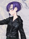  1girl absurdres alternate_hair_color black_jacket blush goshiki_agiri green_pants highres jacket kill_me_baby leather leather_jacket long_sleeves nadegata nape pants parted_lips purple_eyes purple_hair short_hair solo standing 