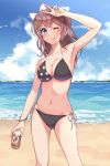  1girl a&amp;w aranami_shibuki bang_dream! beach bikini black_bikini blue_eyes blue_sky breasts brown_hair can cleavage cloud collarbone commentary_request contrapposto cowboy_shot day hair_ribbon highres horizon looking_at_viewer medium_breasts ocean one_eye_closed outdoors ribbon root_beer side-tie_bikini sky solo standing star_(symbol) star_print swimsuit v white_ribbon yamabuki_saaya 