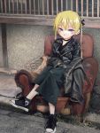  1girl absurdres armchair black_choker black_footwear black_jacket black_skirt blush chair choker closed_mouth converse highres jacket kill_me_baby leather leather_jacket looking_at_viewer nadegata purple_eyes shoes sitting skirt solo sonya_(kill_me_baby) twintails 