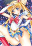  1girl arm_up bishoujo_senshi_sailor_moon blonde_hair blue_eyes blue_sailor_collar boots cameltoe choker circlet closed_mouth collarbone crescent crescent_earrings double_bun earrings elbow_gloves gloves hair_intakes hair_ornament heart heart_choker highres jewelry leg_up leotard long_hair looking_at_viewer marker_(medium) miniskirt multicolored multicolored_clothes multicolored_skirt pleated_skirt red_footwear sailor_collar sailor_moon sailor_senshi_uniform shiny shiny_hair skirt skirt_lift smile solo super_sailor_moon tomoeri traditional_media twintails very_long_hair white_gloves white_leotard yellow_choker 