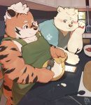  2020 absurd_res anthro apron belly blush clothing cooking detailed_background duo felid fur hi_res humanoid_hands kemono kitchen male mammal overweight overweight_male pantherine piero03432812 shirt tiger topwear ursid white_body white_fur 