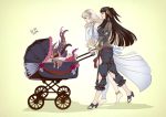  2girls anklet autumnsacura baby_carrier barefoot black_hair blonde_hair corrin_(fire_emblem) corrin_(fire_emblem)_(female) couple fire_emblem fire_emblem_fates fire_emblem_heroes flower headdress high_heels highres jewelry monster multiple_girls parted_lips pointy_ears rhajat_(fire_emblem) smile stroller tentacles yuri 