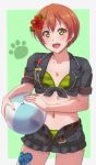  1girl :d ball beachball belt bikini bikini_under_clothes black_jacket collarbone commentary_request cowboy_shot cropped_jacket flat_chest flower green_background green_bikini green_eyes hair_flower hair_ornament holding holding_ball holding_beachball hoshizora_rin jacket looking_at_viewer love_live! love_live!_school_idol_project midriff navel open_fly open_mouth paw_print red_flower short_hair short_sleeves smile solo striped striped_bikini swimsuit thigh_tattoo tied_jacket turkey_min undone_belt 