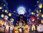  3boys 3girls aisha_landar angkor_(elsword) basket candy castle chung_seiker elsword elsword_(character) eve_(elsword) food halloween halloween_costume highres jack-o&#039;-lantern moon multiple_boys multiple_girls official_art poker_face raven_cronwell rena_erindel scared sitting soul surprised sweat witch 