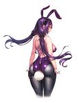  1girl absurdres ass ass_support back black_gloves breasts bunny_day gloves hand_on_hip hie_(hiememiko) hiememiko highres large_breasts long_hair looking_at_viewer looking_back original purple_eyes purple_hair simple_background smile thighs twintails 