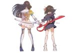  2girls artist_name bakuzan black_hair boots commentary epaulettes full_body gloves high_collar high_heel_boots high_heels junketsu kamui_(kill_la_kill) katana kill_la_kill kiryuuin_satsuki kneepits long_hair matoi_ryuuko multicolored_hair multiple_girls pleated_skirt red_hair school_uniform scissor_blade senjoh_maiko senketsu serafuku short_hair siblings signature simple_background sisters skirt standing streaked_hair suspenders sword thigh_boots thighhighs two-tone_hair weapon white_background white_footwear 