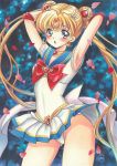  1girl armpits arms_behind_head arms_up bangs bishoujo_senshi_sailor_moon blonde_hair blue_eyes blue_sailor_collar bow bowtie choker circlet collarbone contrapposto cowboy_shot crescent crescent_earrings double_bun earrings elbow_gloves floating_hair gloves hair_between_eyes hair_intakes heart heart_choker jewelry leotard long_hair marker_(medium) miniskirt open_mouth petals pleated_skirt red_bow red_neckwear sailor_collar sailor_moon sailor_senshi_uniform shiny shiny_hair skirt skirt_lift solo standing super_sailor_moon tomoeri traditional_media twintails very_long_hair white_gloves white_leotard white_skirt yellow_choker 
