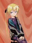  1girl absurdres blonde_hair closed_mouth dress highres jacket kill_me_baby long_hair long_sleeves looking_at_viewer nadegata orange_background purple_dress purple_eyes sitting solo sonya_(kill_me_baby) stool twintails v_arms very_long_hair 