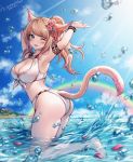  1girl ;d animal_ears armband armpits arms_up ass bare_shoulders bikini blue_eyes blue_sky bracelet breasts brown_hair bubble cat_ears cat_girl cat_tail cleavage cloud day facial_mark final_fantasy final_fantasy_xiv flower front-tie_bikini front-tie_top full_body hair_flower hair_ornament highres jewelry large_breasts long_hair looking_at_viewer looking_back miqo&#039;te one_eye_closed open_mouth outdoors ponytail rainbow shannon_(chiffonx) sky smile solo sunlight swimsuit tail twisted_torso wading water white_bikini 