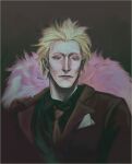  1boy black_shirt blonde_hair closed_eyes closed_mouth commentary donquixote_doflamingo earrings english_commentary formal_clothes hoop_earrings jewelry julyan long_sleeves male_focus necktie one_piece red_necktie red_suit shirt short_hair solo suit 