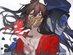  2boys back-to-back black_hair black_hat blue_flower blue_petals brown_hair chinese_clothes chinese_commentary closed_mouth coin coin_mask collarbone covered_eyes covered_mouth dao_gui_yi_xian floating_hair flower flower_on_face hair_bun hand_up hanfu hat highres holding holding_smoking_pipe holed_coin implied_yaoi jin_(headwear) li_huowang liu_ying_de_ji_jia_ang_yang long_hair looking_at_viewer male_focus mask mouth_veil multiple_boys red_eyes red_hanfu single_hair_bun smoking_pipe upper_body veil watermark weibo_watermark white_background zhouzi_jin_(headwear) zhuge_yuan 