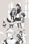  &gt;_&lt; 1boy 1other 4girls aged_down angry apron basket beatrice_(umineko) beret braid braided_bun brooch child choker coattails collared_shirt corset cropped_jacket garter_straps hair_bun hat highres holding holding_basket holding_smoking_pipe jewelry kneehighs lenon_(umineko) leotard long_hair looking_at_another lucifer_(umineko) lunon_(umineko) maid maid_apron monochrome multiple_girls necktie pants prprpkpy shirt shrug_(clothing) sidelocks skirt smoke smoking_pipe socks suit tears thighhighs umineko_no_naku_koro_ni ushiromiya_battler waist_apron window witch yasu_(umineko) 