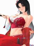 1girl armor bare_shoulders black_hair breasts chainmail crop_top hand_fan highres holding holding_fan looking_at_viewer official_alternate_costume official_alternate_hairstyle pants parted_bangs puffy_pants red_nails red_pants shiranui_mai simple_background smile solo straight_hair strapless street_fighter street_fighter_6 uixy white_background 