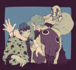  4boys arm_up body_markings clenched_teeth collarbone cursed_spirit_(jujutsu_kaisen) dagon_(jujutsu_kaisen) facial_mark hanami_(jujutsu_kaisen) highres holding_hands horns_on_eye_sockets jogo_(jujutsu_kaisen) jujutsu_kaisen limited_palette looking_at_another mahito_(jujutsu_kaisen) male_focus mim_(mimya0600) monster_boy multiple_boys octopus_boy one-eyed shirt smile stitched stitched_arm stitched_wrist stitches teeth tentacles 