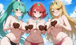  3girls aegis_elysium ai-generated bikini blush breasts breasts_squeezed_together chocolate chocolate_on_body chocolate_on_breasts cleavage cloud day dress earrings elbow_gloves food food_on_body gem gloves grabbing_another&#039;s_breast green_eyes green_hair groping hair_ornament headpiece holding huge_breasts jewelry large_breasts long_hair looking_at_viewer multiple_girls mythra_(xenoblade) navel nintendo patreon_username pneuma_(xenoblade) pyra_(xenoblade) red_eyes sky standing swept_bangs swimsuit thighhighs third-party_edit tiara trio_focus very_long_hair watermark wet xenoblade_chronicles_(series) xenoblade_chronicles_2 yellow_eyes 