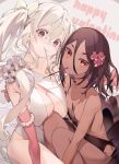  2girls absurdres amana_(pocketkey) armpit_crease bikini bow breasts brown_hair dark-skinned_female dark_skin elbow_gloves eyelashes fingernails food food_in_mouth gem gloves hair_between_eyes happy_valentine highres large_breasts long_hair looking_at_viewer multiple_girls orange_eyes original pearl_(gemstone) pocky pocky_in_mouth red_eyes sidelocks sitting small_breasts swimsuit white_bow white_hair 