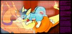 2024 ambiguous_gender biped black_border blue_eyes blush border character_request charizard chat_window claws collar colored countershade_tail countershade_torso countershading dialogue dorsal_frill duo ear_frill eeveelution ejaculation english_text erection eye_markings feral feral_on_feral fire flaming_tail frill_(anatomy) generation_1_pokemon head_crest head_frill heart_(marking) hi_res horn inside livestream looking_at_another looking_at_partner lying male male/ambiguous markings membrane_(anatomy) membranous_wings misunderstanding motion_lines neck_frill nintendo nude on_back open_mouth orange_body paws pokemon pokemon_(species) pomiart quadruped sex sitting sitting_on_another tail tail_frill text tongue tongue_out username vaporeon wall_of_text white_body white_countershading white_markings wings yellow_body yellow_countershading