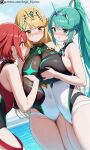 3girls aegis_elysium ai-generated blush breasts cleavage cloud core_crystal dress earrings elbow_gloves gem gloves grabbing_another&#039;s_breast green_eyes green_hair groping hair_ornament headpiece highres holding huge_breasts indoors jewelry large_breasts long_hair looking_at_viewer multiple_girls mythra_(xenoblade) navel night night_sky nintendo patreon_username pneuma_(xenoblade) pyra_(xenoblade) red_eyes sky standing star_(sky) starry_sky swept_bangs thighhighs tiara trio_focus very_long_hair water watermark xenoblade_chronicles_(series) xenoblade_chronicles_2 yellow_eyes 