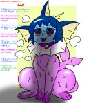 2024 artist_name black_nose blue_eyes blue_face blue_hair blush bodily_fluids breath collar colored ear_frill eeveelution english_text female female_feral feral frill_(anatomy) front_view generation_1_pokemon glistening glistening_body goo_drip hair hands_between_legs hi_res leg_markings looking_at_another markings max_(pomiart) motion_lines neck_frill nintendo nude open_mouth open_smile paws pokeball pokeball_collar pokemon pokemon_(species) pomiart purple_body purple_sclera quadruped shadow simple_background sitting sitting_on_ground smile socks_(marking) solo sweat tail text vaporeon