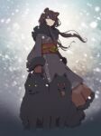 1girl alternate_costume animal_ears banken_(inui_toko) black_dog brown_hair brown_mittens brown_skirt closed_mouth commentary_request dog dog_ears dog_girl fangs floating_hair frown full_body fur-trimmed_kimono fur-trimmed_skirt fur_trim grey_kimono hair_over_shoulder heterochromia highres inui_toko inumoto japanese_clothes kimono long_hair long_skirt looking_at_viewer low_twintails mittens nijisanji obi obiage obijime outdoors red_eyes red_pupils red_sash sash skirt snowing solid_eyes tongue tongue_out twintails very_long_hair vignetting virtual_youtuber wind yellow_eyes yellow_pupils 