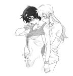  2girls bare_shoulders black_hair blush bottomless bracelet groping heart-shift_bracelets jewelry jiguang_haibao koishikawa_iko long_hair momijiyama_teru multiple_girls no_bra no_eyewear no_panties parted_lips scar scar_across_eyebrow scar_on_face shirt short_hair shy_(series) simple_background sleeveless sleeveless_shirt sweat white_background yuri 