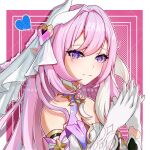  1girl bare_shoulders border breasts cleavage commentary_request corset diamond-shaped_pupils diamond_(shape) elf elysia_(herrscher_of_human:_ego)_(honkai_impact) elysia_(honkai_impact) gloves highres honkai_(series) honkai_impact_3rd long_hair own_hands_together pink_background pink_hair pointy_ears purple_eyes smile solo symbol-shaped_pupils ting_feng triquetra upper_body veil very_long_hair white_border white_corset white_gloves white_veil 