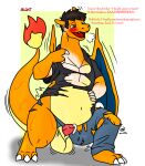 2024 anthro artist_logo artist_name balls big_balls biped black_hair blush bodily_fluids breath charizard clothing colored countershade_tail countershade_torso countershading crouching cum cum_from_penis dialogue english_text erection fire flaming_tail generation_1_pokemon genital_fluids genitals growth hair hand_on_own_belly hi_res horn horn_growth human_to_feral leaking_cum logo looking_down_at_self male membrane_(anatomy) membranous_wings mid_transformation motion_lines navel nintendo open_mouth paws penis plantigrade pokemon pokemon_(species) pomiart red_eyes slightly_chubby solo species_transformation standing tail text torn_clothing transformation wings yellow_body yellow_countershading
