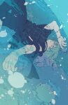  1boy air_bubble animal arm_up black_pants black_shirt blue_eyes blue_hair blue_theme bubble cursed_spirit_(jujutsu_kaisen) dutch_angle feet_out_of_frame film_grain floating_hair grey_eyes hair_between_eyes heterochromia highres jellyfish jujutsu_kaisen looking_up mahito_(jujutsu_kaisen) male_focus mim_(mimya0600) outstretched_arm pants shirt short_sleeves solo stitched_arm stitched_face stitched_wrist stitches 