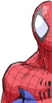  1boy bengus bodysuit close-up game_cg highres looking_at_viewer male_focus marvel marvel_vs._capcom mask non-web_source official_art portrait print_bodysuit red_bodysuit simple_background solo spider-man spider-man_(series) spider_web_print split_crop superhero_costume white_background 